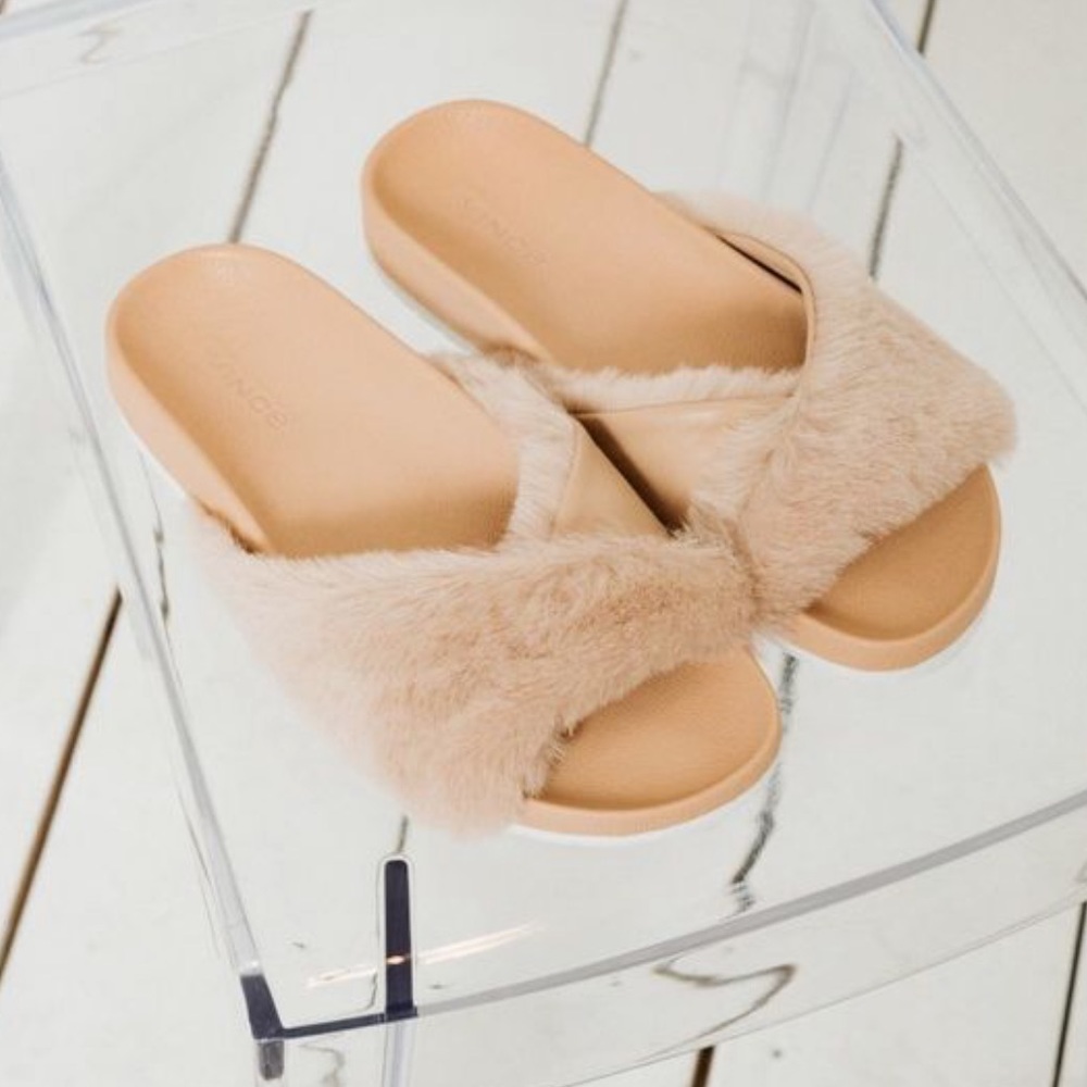 VINCE Pink Garrison Leather Fur Pool Slide Sandals